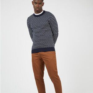 Ben Sherman All Over Geometric Design Crew Neck Navy & Whte Sweater in Marine XL
